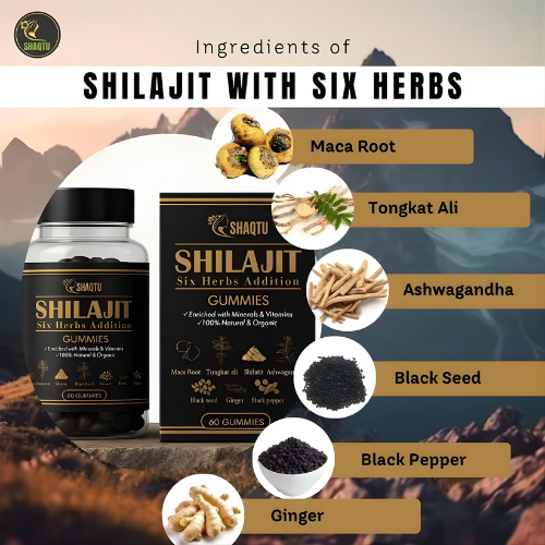 Ingredients of Shilajit Gummies Six Herbs including Maca Root, Tongkat Ali, Ashwagandha, Black Seed, Black Pepper, and Ginger.