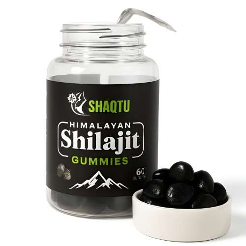 Shilajit Gummies in a jar with a label promoting energy and wellness, featuring 60 count for daily health support.