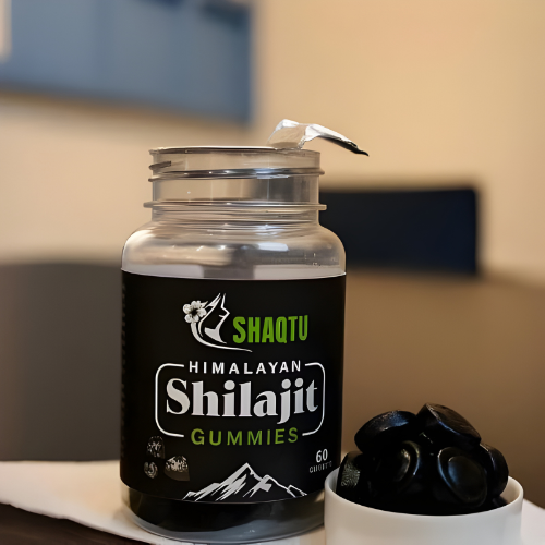 Shilajit Gummies bottle next to a bowl of gummies, promoting natural energy and wellness support.