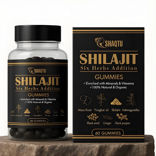 Shilajit Gummies Six Herbs bottle and packaging showcasing natural energy boost ingredients.