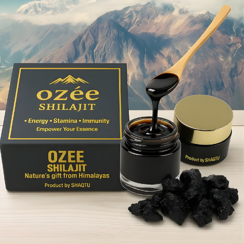 Ozee Himalayan Shilajit Resin with spoon, jar, and box on a scenic Himalayan background for energy and stamina.