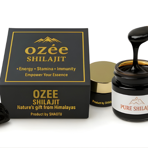 Ozee Himalayan Shilajit Resin box and jar showcasing energy, stamina, and immunity benefits from the Himalayas.