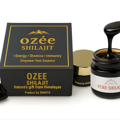 Ozee Himalayan Shilajit Resin box and jar showcasing energy, stamina, and immunity benefits from the Himalayas.