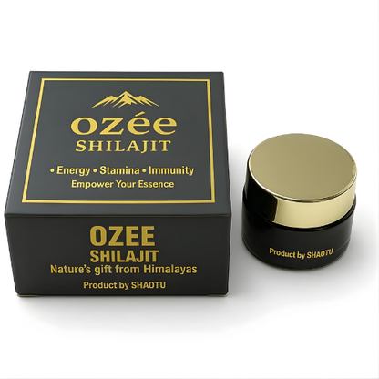 Ozee Himalayan Shilajit Resin in packaging showcasing energy, stamina, and immunity benefits.