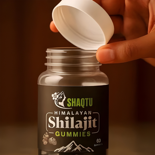 Shilajit Gummies jar being opened, showcasing Himalayan Shilajit supplements for energy and wellness support.