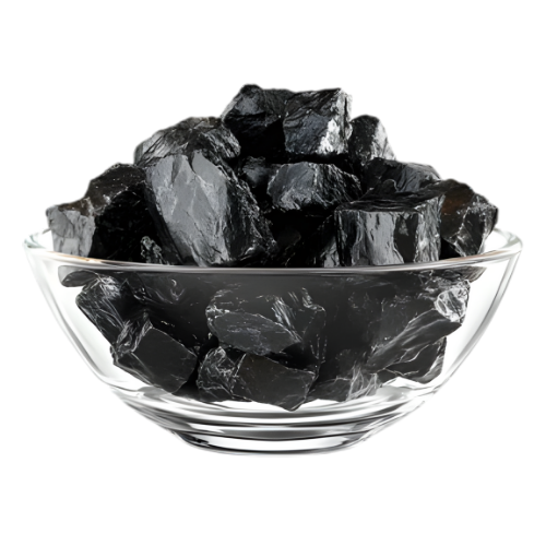 Ozee Himalayan Shilajit Resin in a glass bowl, showcasing the natural energy and strength booster.