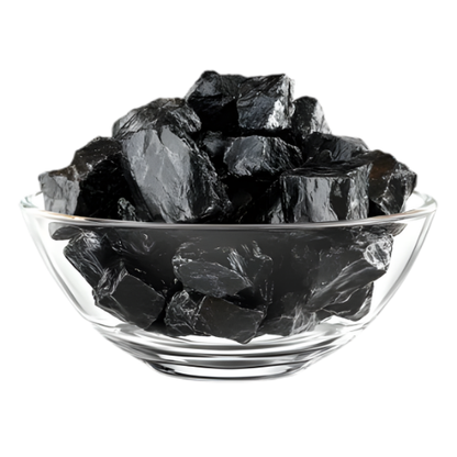 Ozee Himalayan Shilajit Resin in a glass bowl, showcasing the natural energy and strength booster.