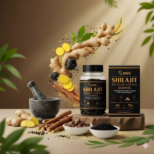 Ozee Himalayan Shilajit Resin with herbal ingredients for energy and wellness in a visually appealing setup.